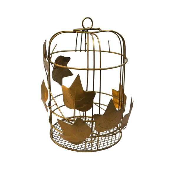 Gold Metal Birdcage With Decorative Leaf Accents For Home Decor Or Display - Picture 7 of 11